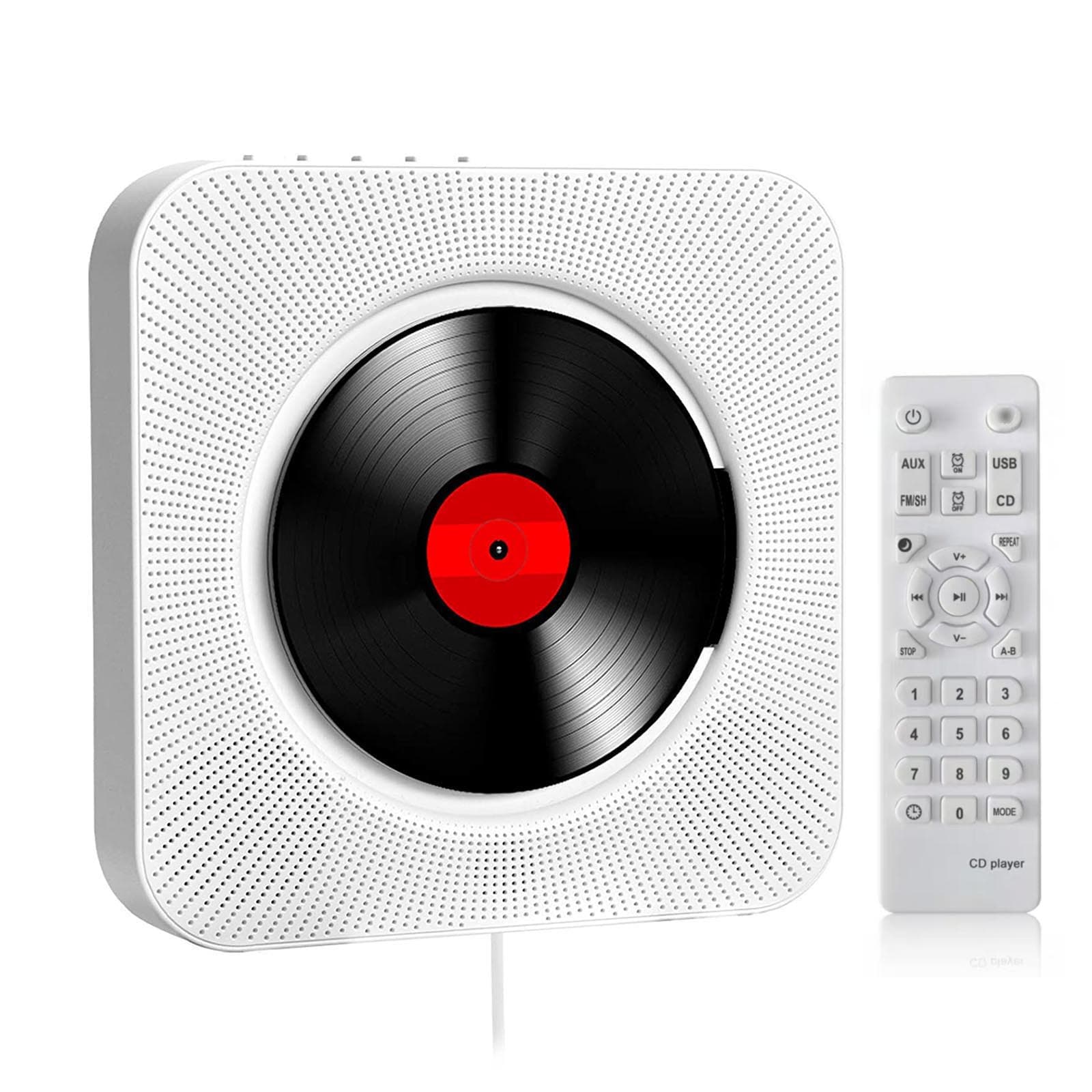 KC-909 Portable CD Player Built-in Speaker Stereo CD Players with Double 3.5mm Headphones Jack LED Screen Wall Mountable CD Music Player US Plug white