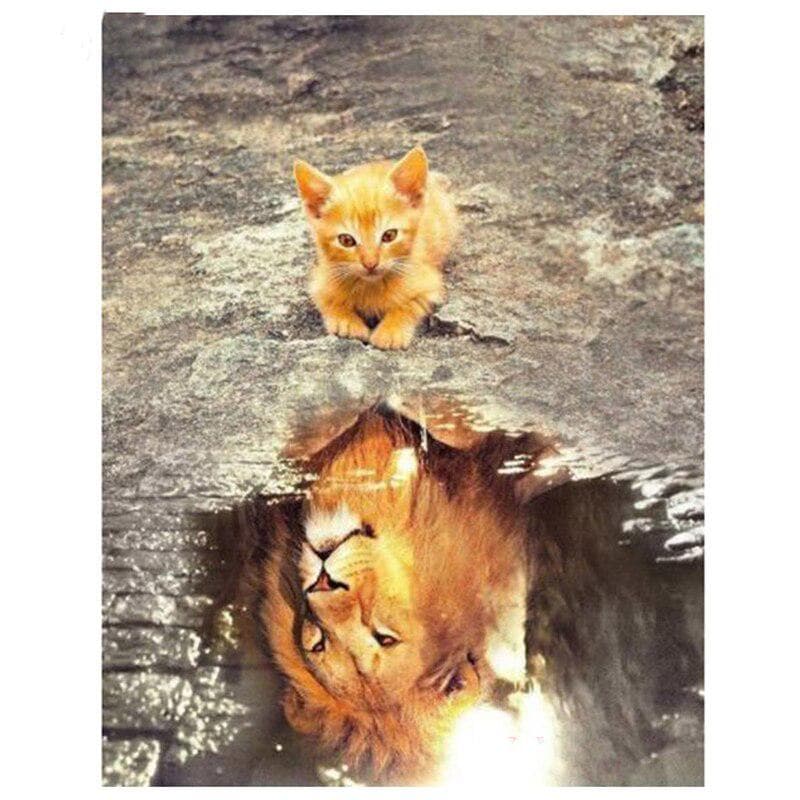 5d Diamond Painting Cat Reflecting Lion Diamond Full Drill Round Diamond Embroidery 20X30CM