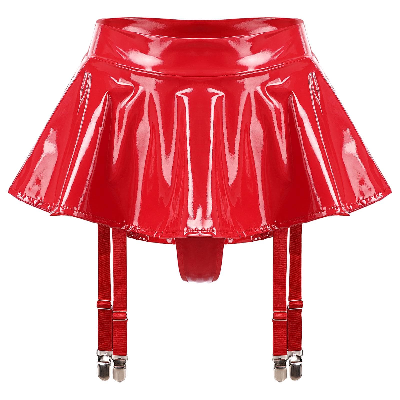 Womens Patent Leather Ruffle Skirt Built In Thongs Garter Clips Mini Clubwear XXL
