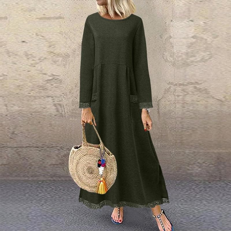ZANZEA Autumn Winter Long Sweatshirt Dress Womens Casual O-neck Long Sleeve Lace Patchwork 5XL army green