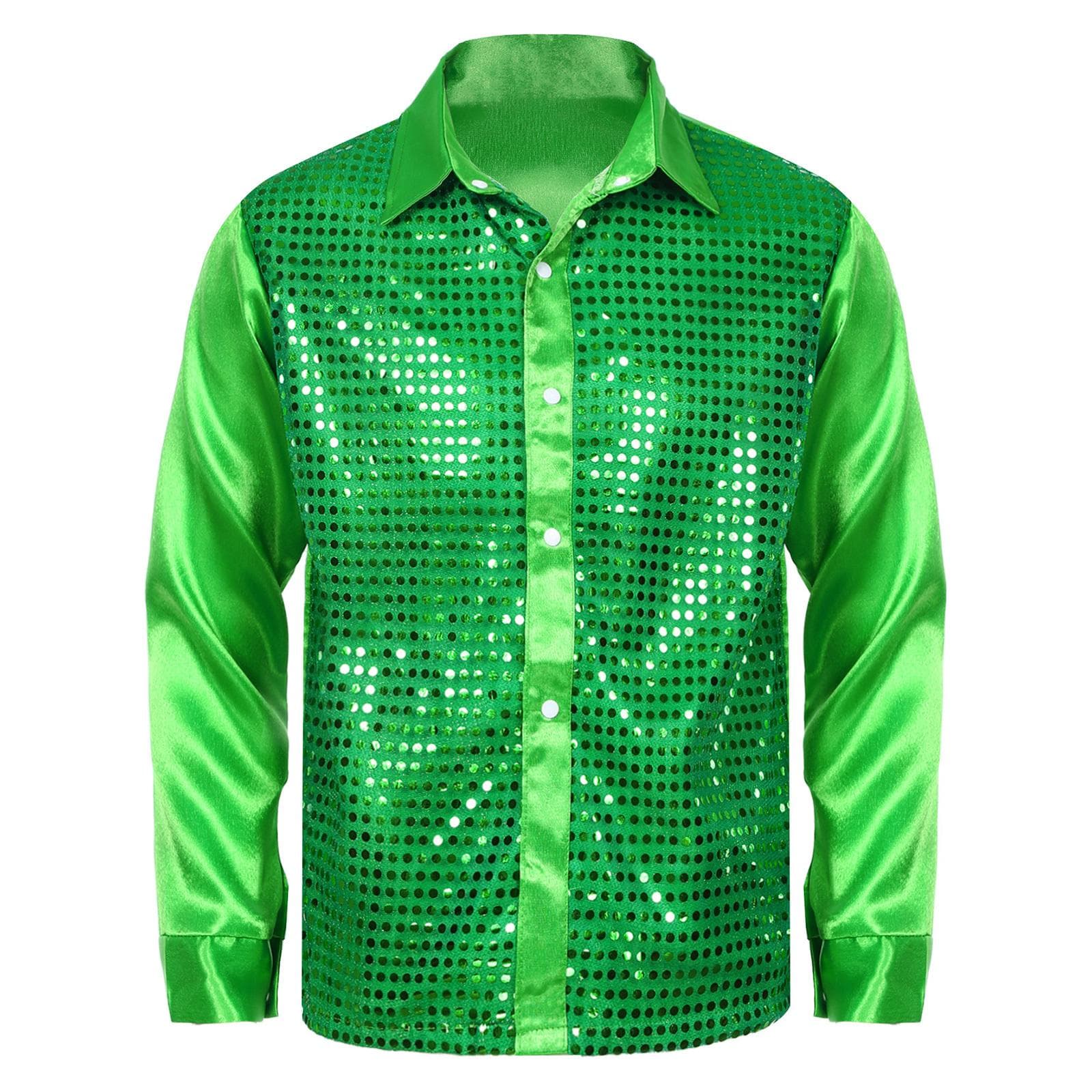 Mens Sequined Latin Dance Shirt Turn-Down Collar Long Sleeve Stage Costume Sparkly Jazz Performance Top M green