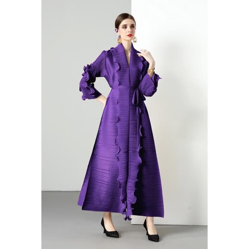 Miyake 2025 Spring Women's Ruffled Long-Sleeve High-Elastic Dress - Large Size, Early Autumn One Size purple