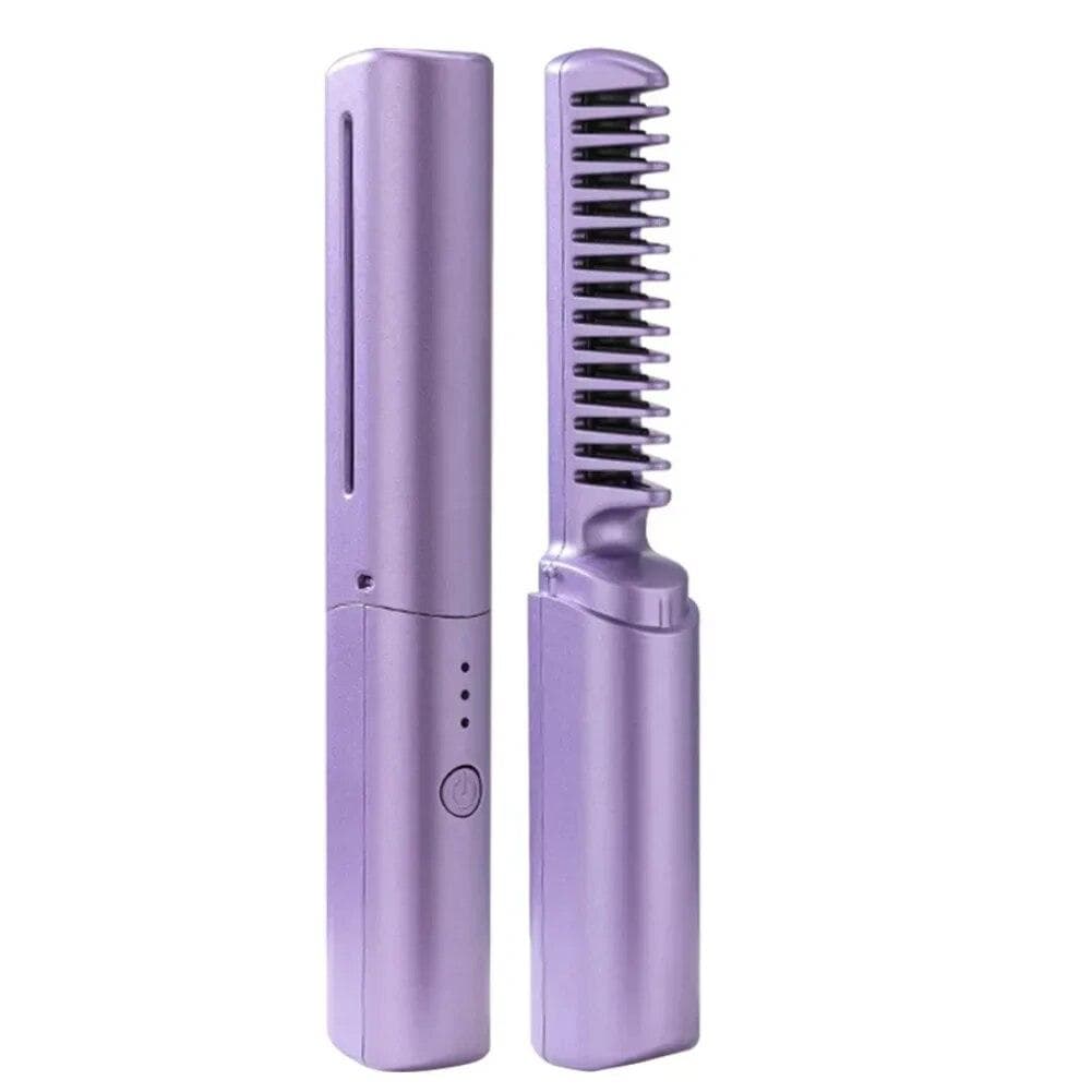 2 In 1 Lazy Straightener Hair Hot Comb Portable Mini USB Rechargeable Hair Straightener Fast Heating Hair Styling Tools purple