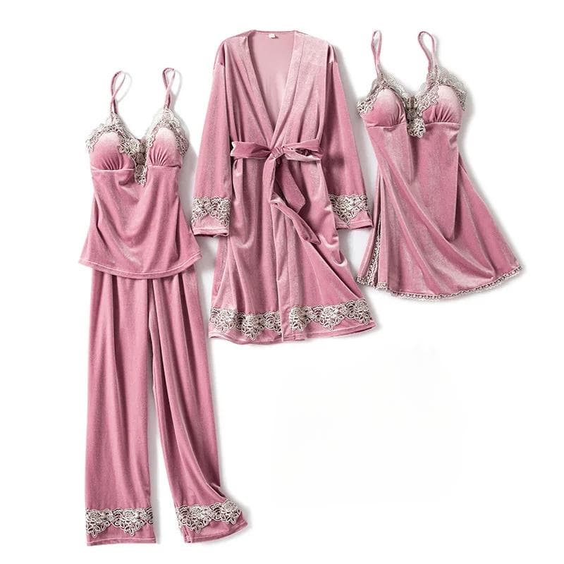 Burgundy Velvet 4PCS Pajamas Set Wedding Robe Nightgown Autumn Winter Female Sleepwear Sexy Lace Trim Pijamas Suit Home Wear M