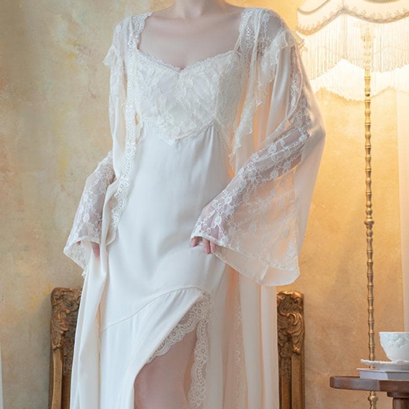 Women's Bathrobe Set Solid Lace Patchwork Sexy V Neck Ladies Nightgown Split Princess 2 Pieces Set Dressing Gown for Female L