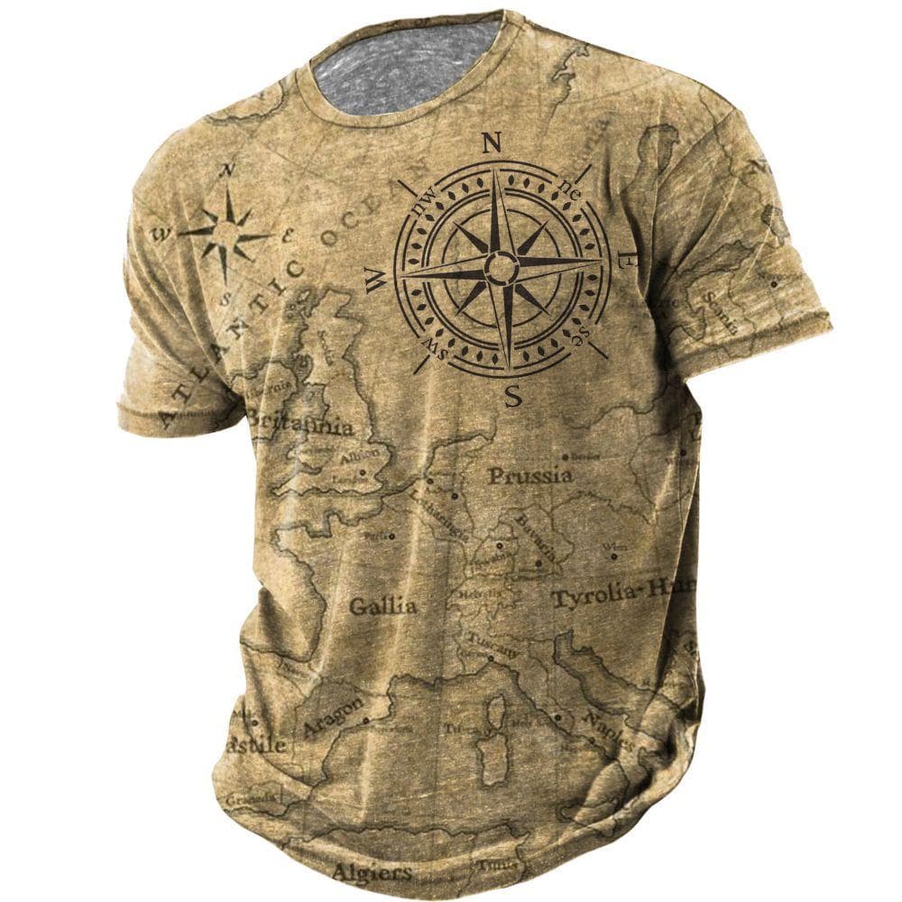 Vintage Men's T-shirt Summer American Shirt Tops Compass Printed Short-sleeve Tees Loose Daily Men Clothing Casual Streetwear 4XL