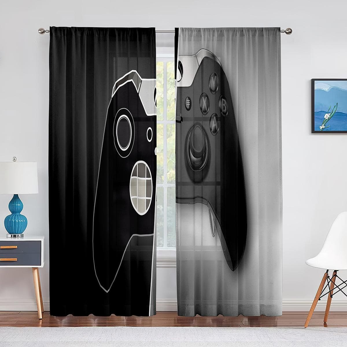 Boys Gamer Tulle Curtains for Living Room Decor Gaming Controller Video Game for Kids Sheer Voile Curtain Window Drapes Blinds 1 PCS W300XH250cm&Grommet Top