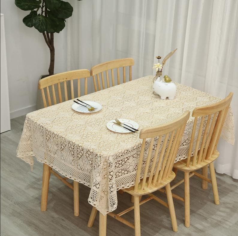 Off White Tablecloth Gardenia Hollowed Out Knitted Large Table Cloth Lace Cotton hemp Round Table Cover Background Decor Cloth 150x220cm 1pcs