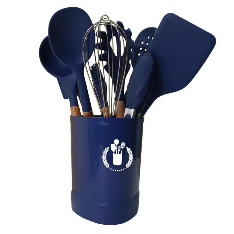 Wooden Handle Silicone Cookware 11-piece Spatula Spoon Non-stick Pan High Temperature Resistant Home Kitchen Tools Set Triangle Bucket navy blue