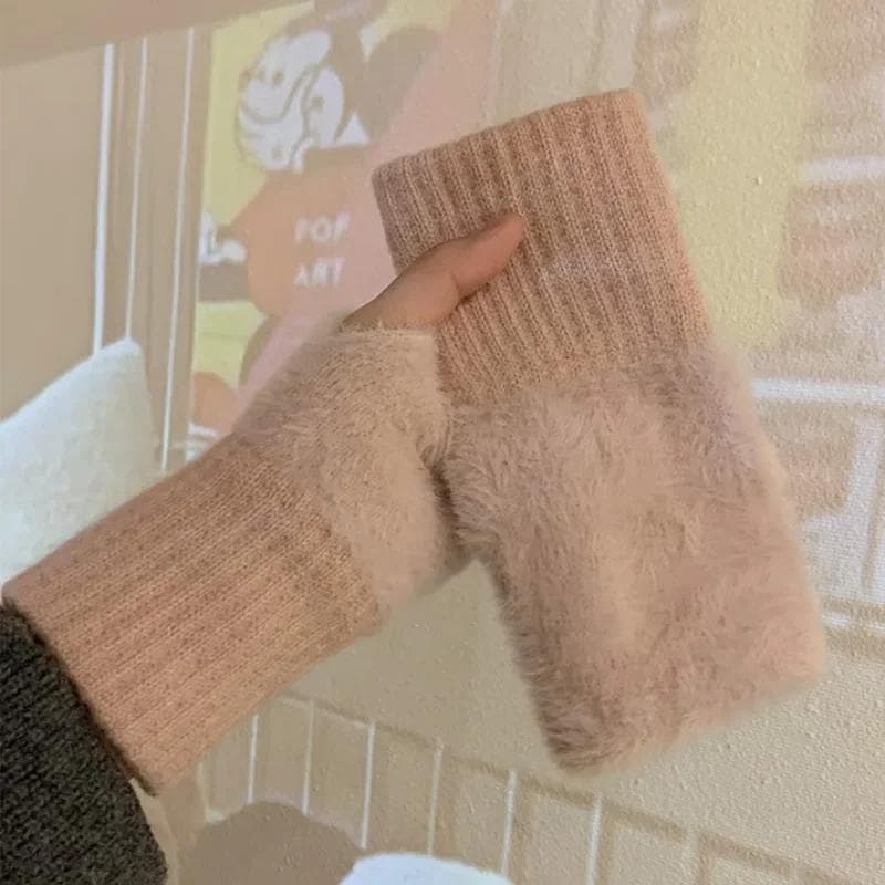 1 Pair Mink Fleece Soft Winter Half Finger Gloves for Ladies and Girls pink