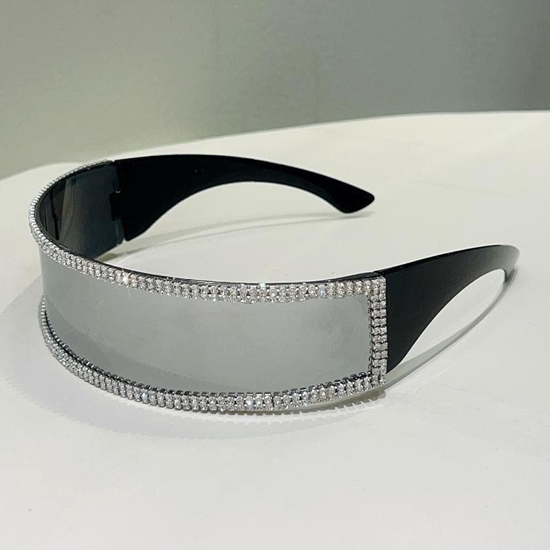 KAMMPT Narrow Wrapped Round Sunglasses Women Chic Mirror Outdoor Anti-UV Shades Rhinestones Futuristic Trendy as picture shows