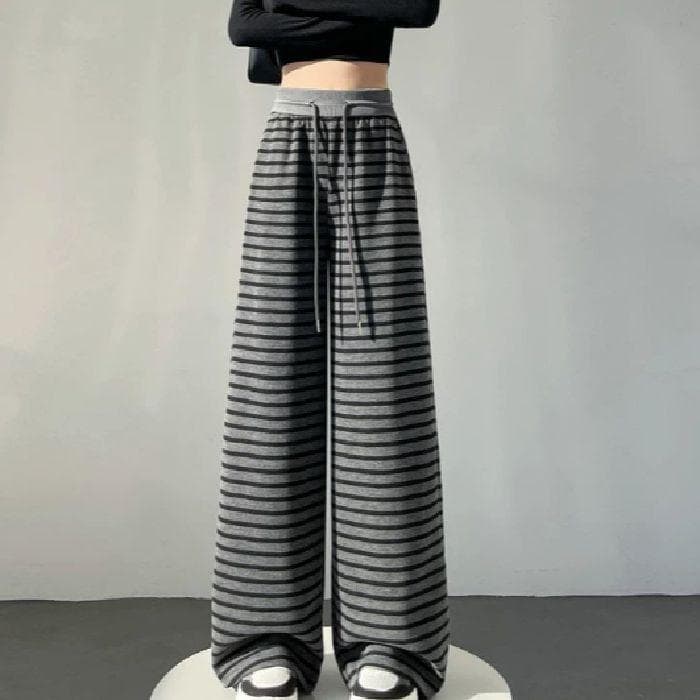 Retro Ice Silk Striped Wide-leg Pants for Women In Spring and Summer New High-waist Drawstring Loose Straight Pants Knitted Casual Pants 3XL