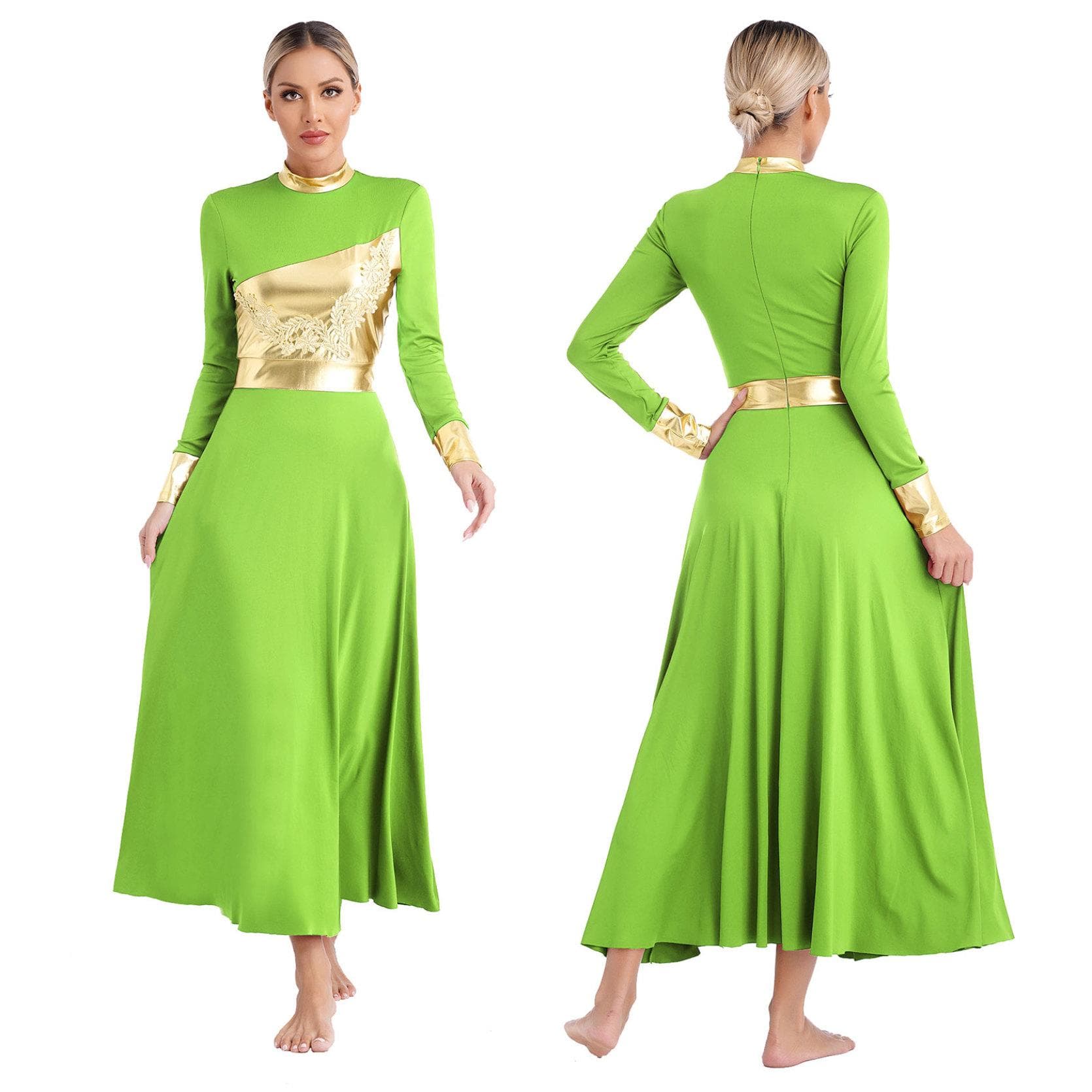 Womens Liturgical Worship Praise Lyrical Dance Dress Metallic Shiny Color Block Long Sleeve Applique Gown Church Choir Dancewear XL light green