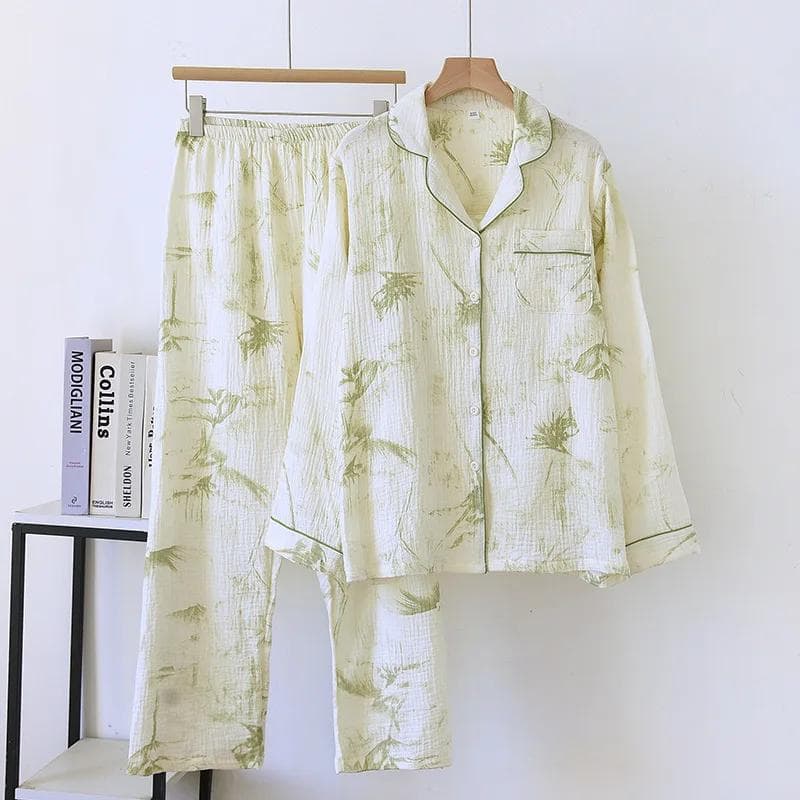 New Spring and Autumn Women's Pajama Set 100% Cotton Crepe Loose Long Sleeve Long Pants Two Piece Home Clothes Ladies XXL beige