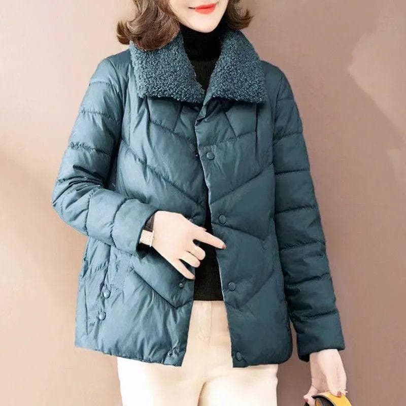 Women's Cotton Jacket New Short Style Lamb Wool Stand Up Collar Lightweight Fashion Jacket 4XL blue-green