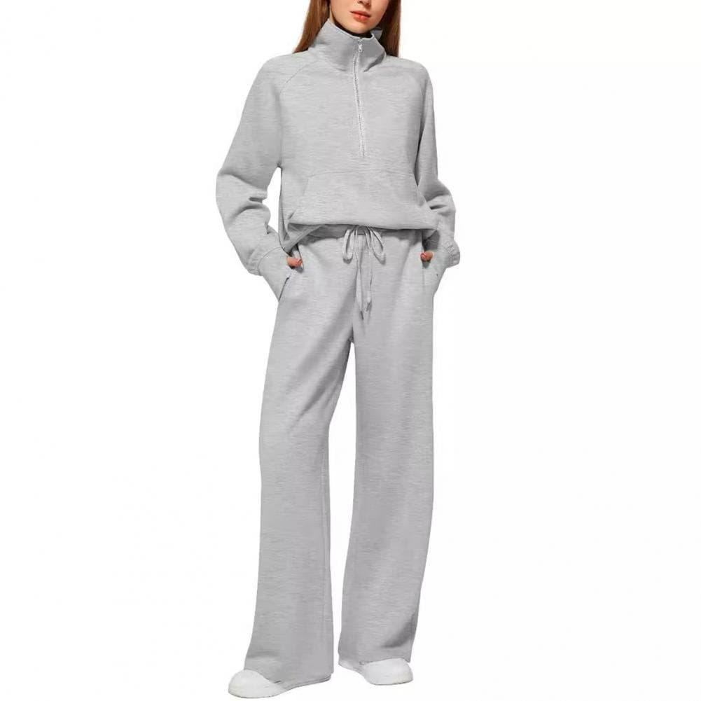 2 Pcs/Set Women Top Pants Set Half Zipper Turn-down Collar Long Sleeves Sweatshirt Elastic Waist Wide Leg Sweatpants Sport Outfi S light grey