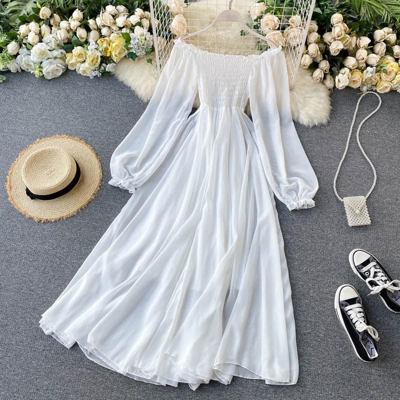 Slash Neck White Dress Elastic Waist Women's A-line Chiffon Dress Sweet Fairy Style Large Skirt Hem Beach Dress Summer L white