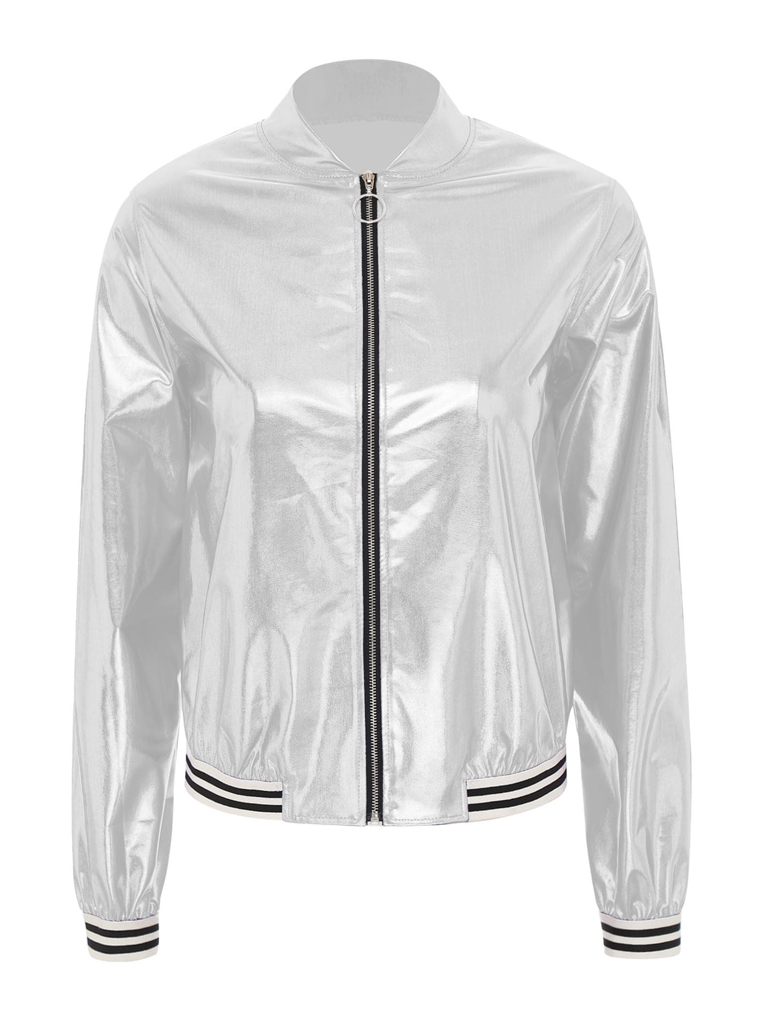 Womens Holographic Bomber Jacket Metallic Shiny Long Sleeve Zipper Front Striped Band Baseball Coat M silver