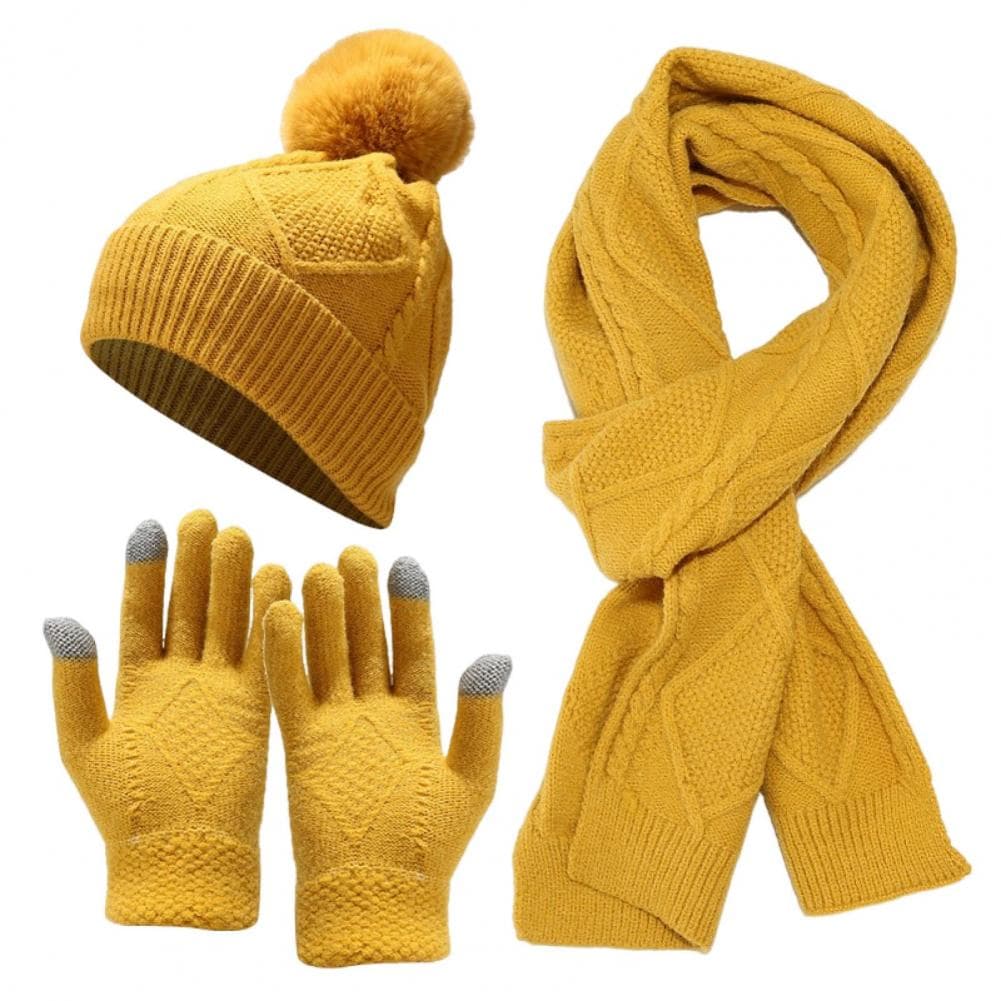 3 Pcs/Set Men Winter Hat Scarf Gloves Set Thick Knitted Warm Elastic Ear Five Fingers Windproof Winter Outdoor Cyclin yellow