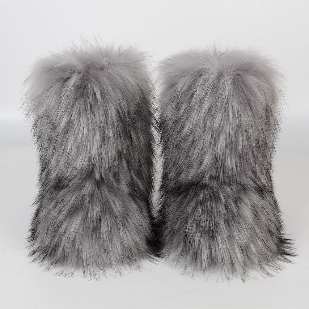 Women's New Winter Fur One-piece Imitation Raccoon Fur Warm Snow Boots Furry Shoes Outdoor Boots 40 light gray