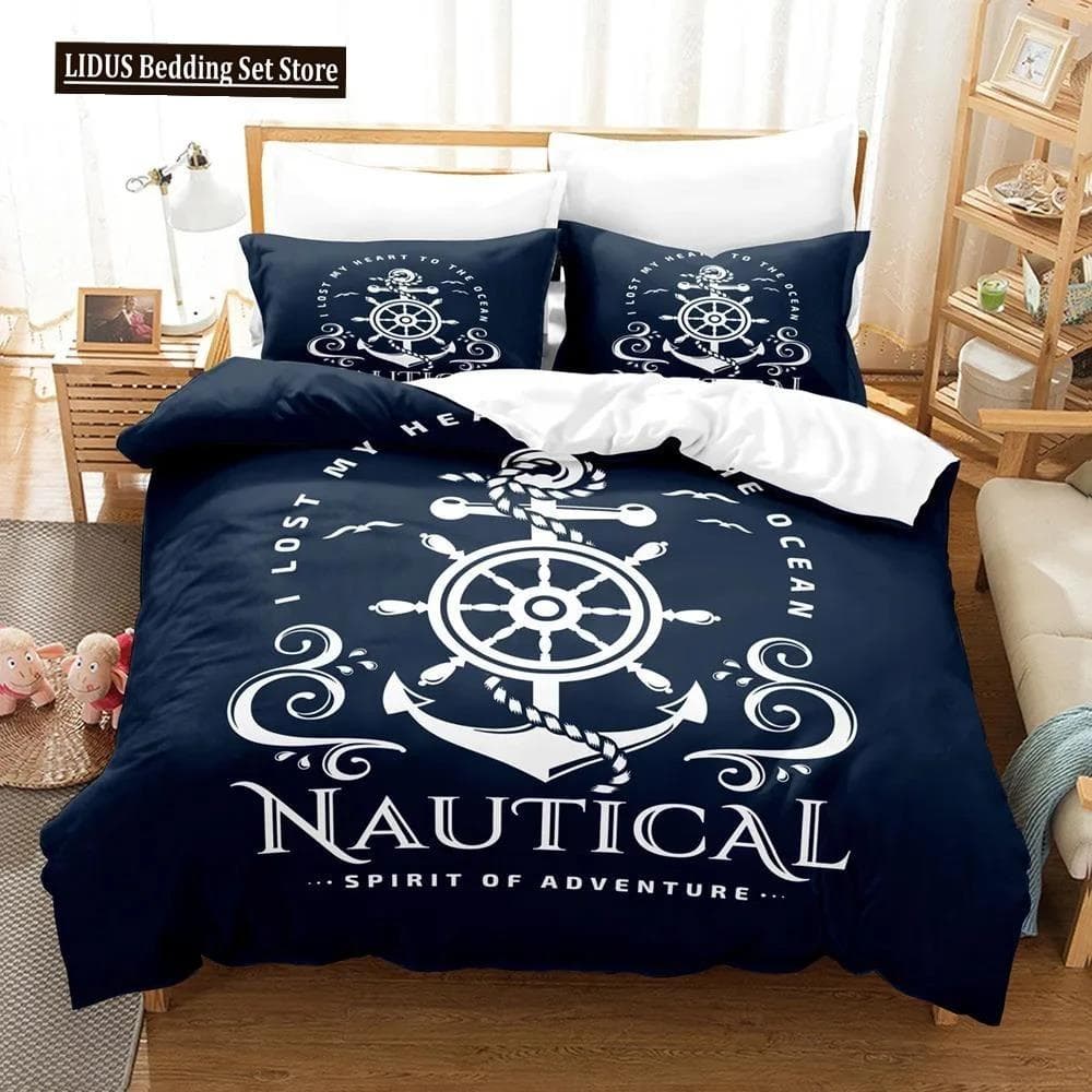 Nautical Bedding Set Ocean Anchor Decor Duvet Cover Sailor Pirate Captain Sea Adventure Bedspread Cover For Kids Boys Navy Blue AU Single 140x210cm