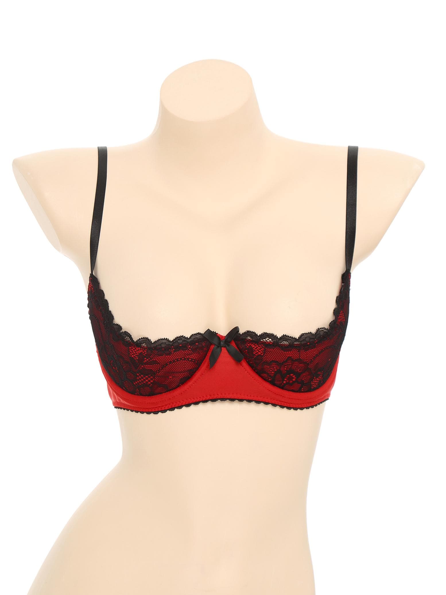 Women Plus Size Lace Trim Underwire 1/4 Cup Open Front Bra Top Push Up Shelf Balconette Brassiere Corset Underwear S red