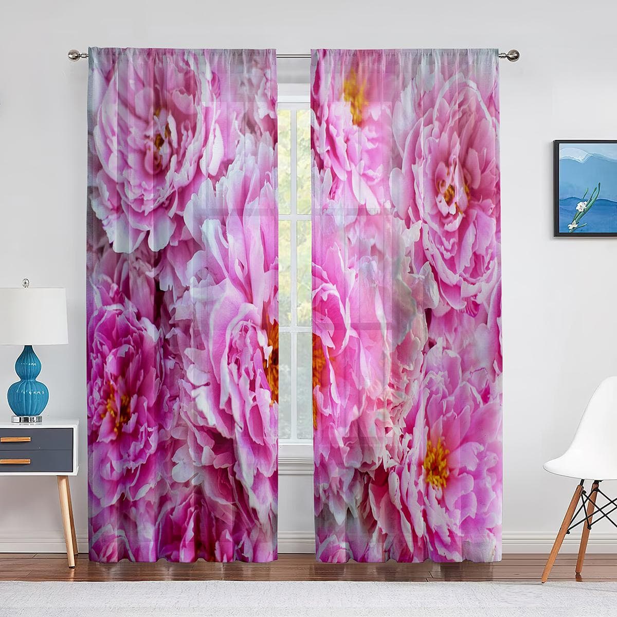 Peony Flower Bouquet Pink Red Floral Tulle Curtains Kitchen Door Curtain Chiffon Sheer Voile Curtains for Living Room Bedroom 1 PCS W100XH250cm&Grommet Top