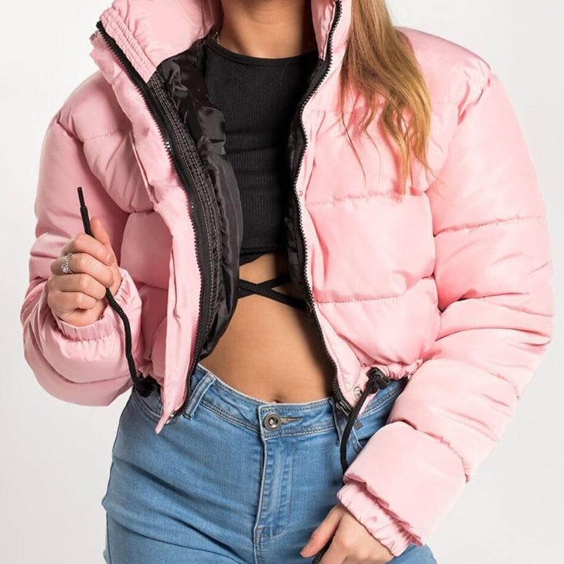 Winter Warm Stand Collar Long Sleeve Zipper Short Cotton Padded Jackets L pink