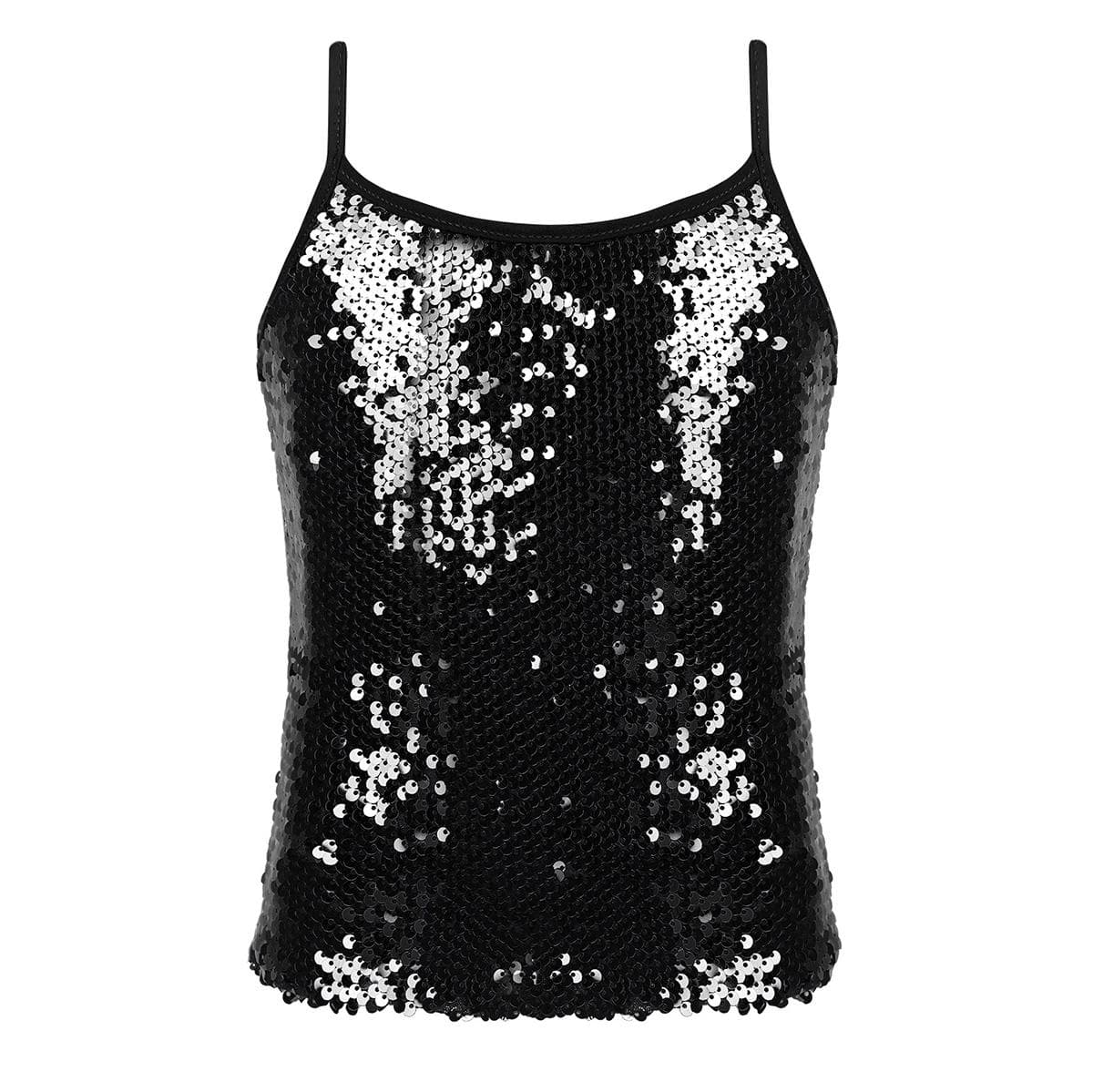 Kids Girls Shiny Sequins Camisole Tank Top for Jazz Modern Dance Competition Spaghetti Straps Vest 11-12 Years black
