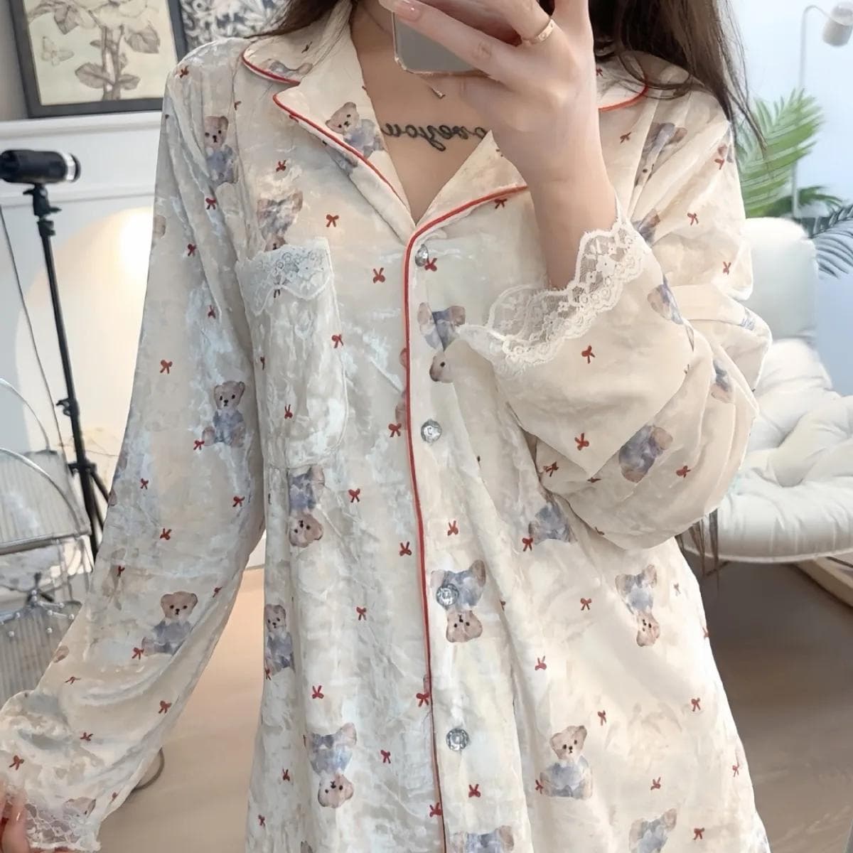 Women's Winter Warm Sleepwear Princess Lace Trim Nightwear Cute Cartoon Bear Pajamas Set Long Sleeve Velour 2Pcs Loungewear XL