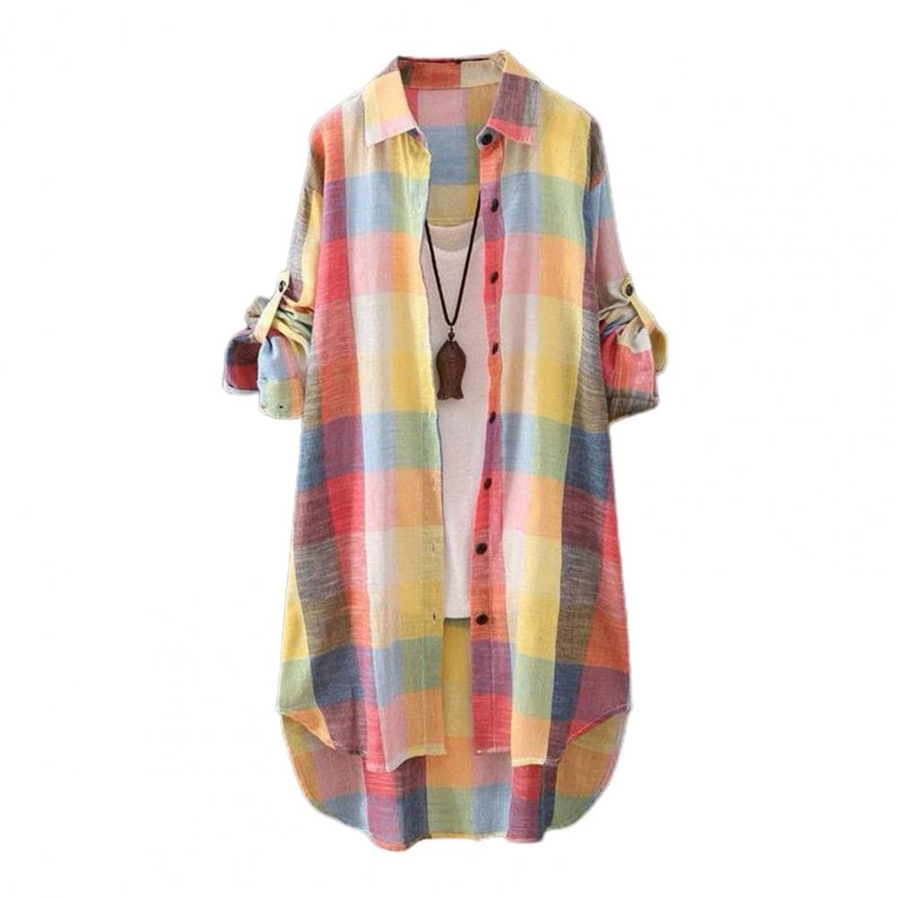 Plaid Print Shirt Coat Lapel Roll-up Long Sleeve Single Breasted Mid-Length Shirt Women Loose Fit Casual Shirt Daily Wear S yellow