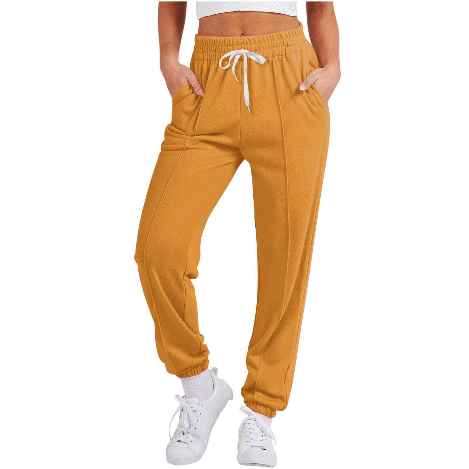 Women's Solid Color Casual Drawstring Solid Color Sports Corset Pant Pants XL yellow