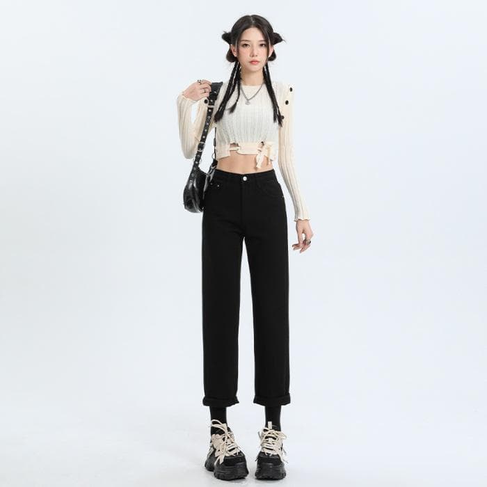 Plush Jeans for Women with Winter Plush Straight Trousers for Women with Autumn and Winter Thick Straight Loose Wide Legs Slimming Nine-point Pants 2XL