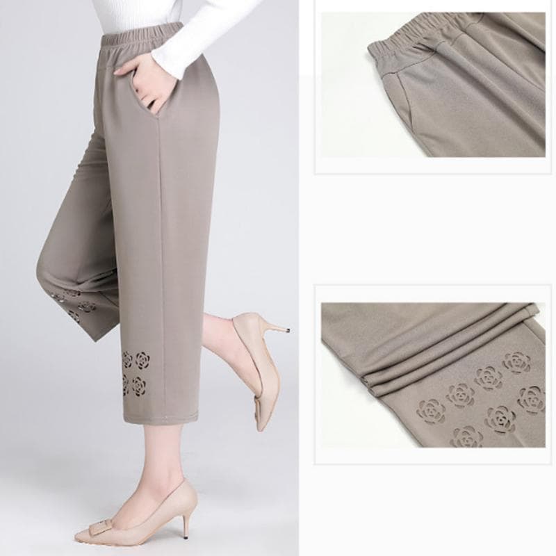 Middle Aged and Old Women Summer Pants Thin Elastic Waist Loose Casual Cropped Pants Mother Clothing Pant XXXL khaki
