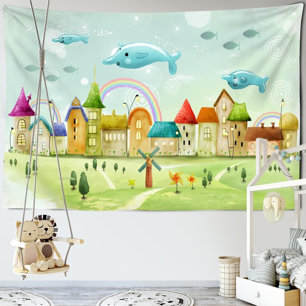 Romantic Cartoon Little Dolphin Tapestry Wall Hanging Hippie Tapiz Kawaii Art Girls Dormitory Kids Room Home Decor 95x70cm