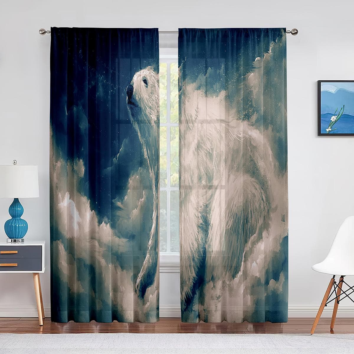 Cute Polar Bear Cub Antarctica North Animal Sheer Curtains for Living Room Bedroom Home Kitchen Window Decor Tulle Voile Curtain 1 PCS W100XH250cm&Grommet Top