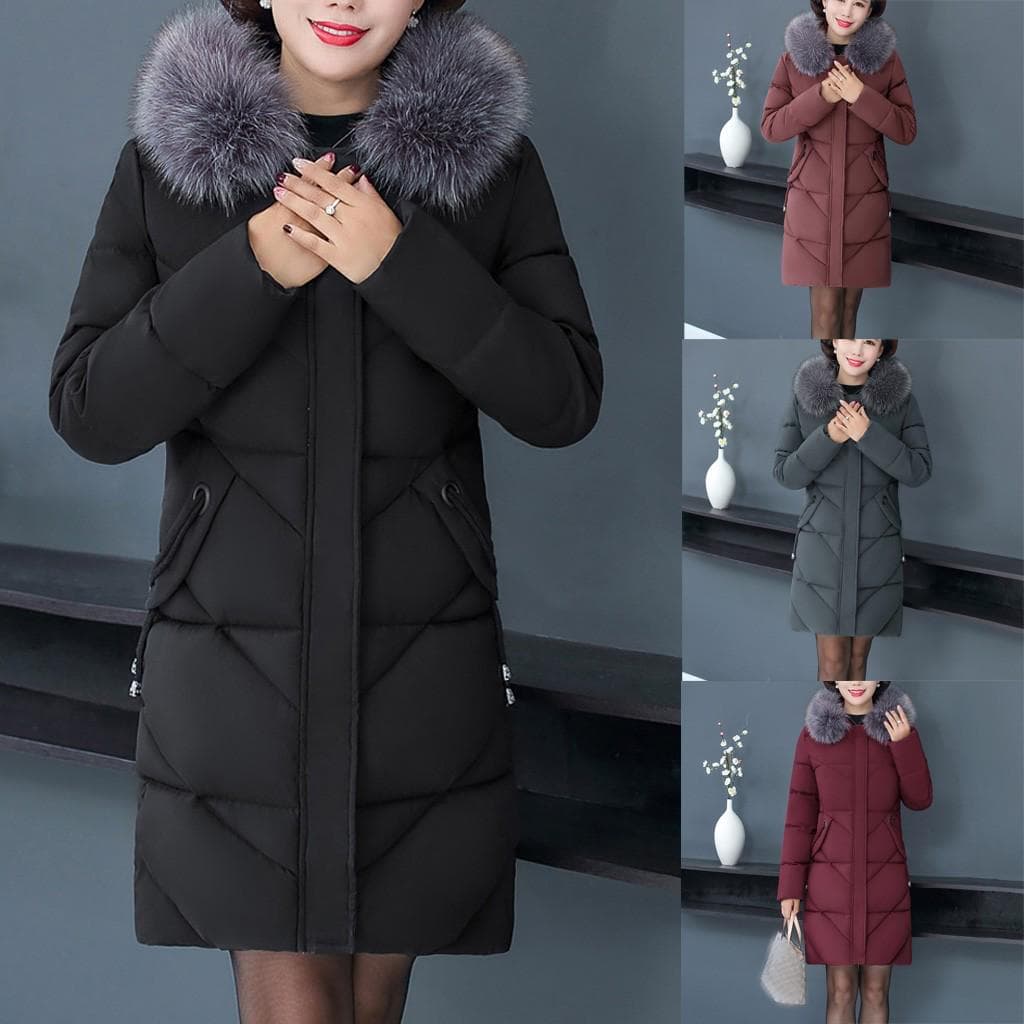 Women Plus Size Middle-aged Collar Hooded Long Thick Jacket Coat Outwear XXXL