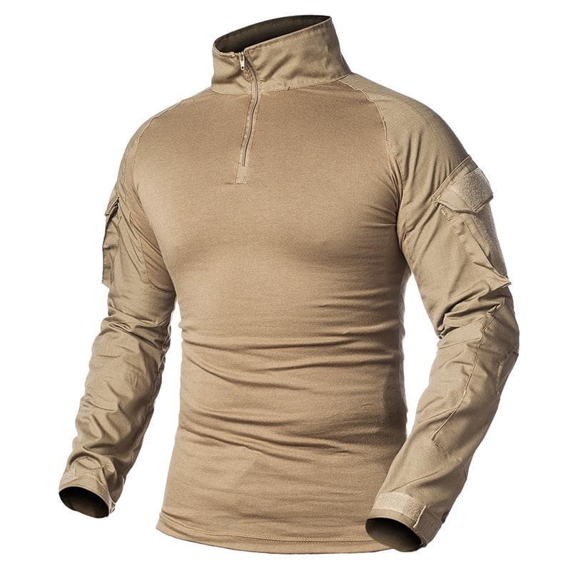 Men Army Uniform Long Sleeve Combat Shirts Solid Cotton Military Tactical T-Shirt M khaki