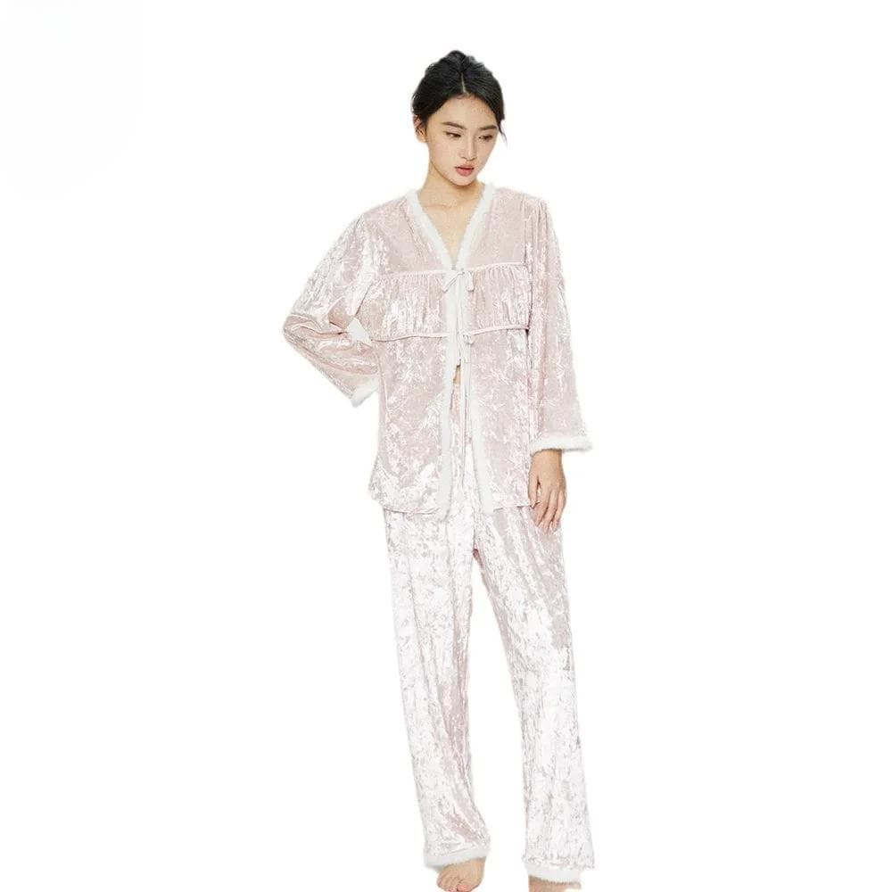 New Autumn and Winter Long-sleeved Trousers Gold Velvet Pajamas for Women Elegant Plush V-neck Home Wear XL pink