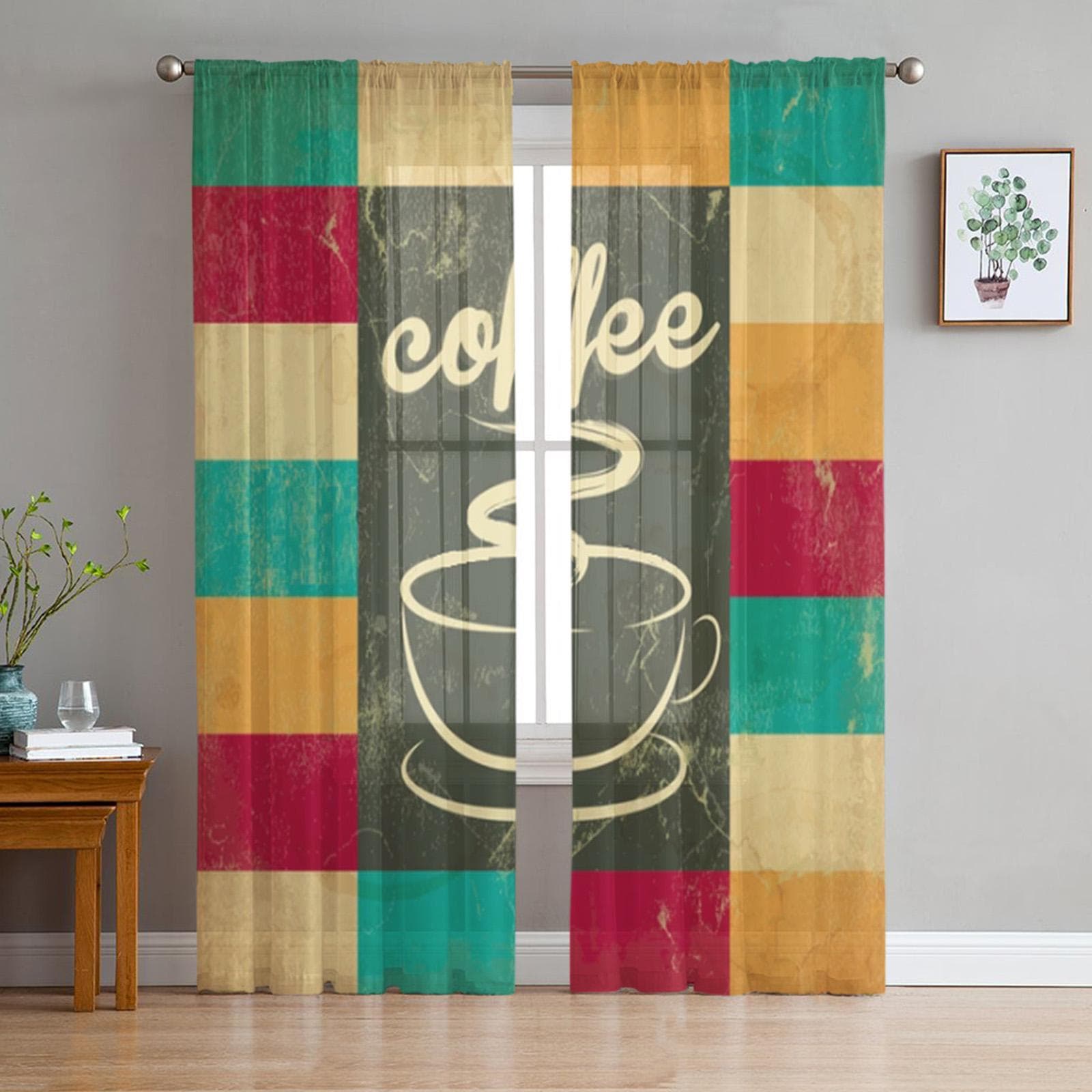 Coffee Colorful Plaid Sheer Curtains for Living Room Transparent Tulle Window Treatments Bedroom Kitchen Home Decor Veil Drapes 135W x 114H(cm)
