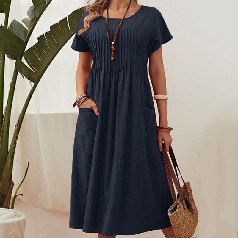 Summer Women's Dress Plus Size Long Solid Colour Round Neck Pocket Pleated Short Sleeve Dresses 5XL Dark blue