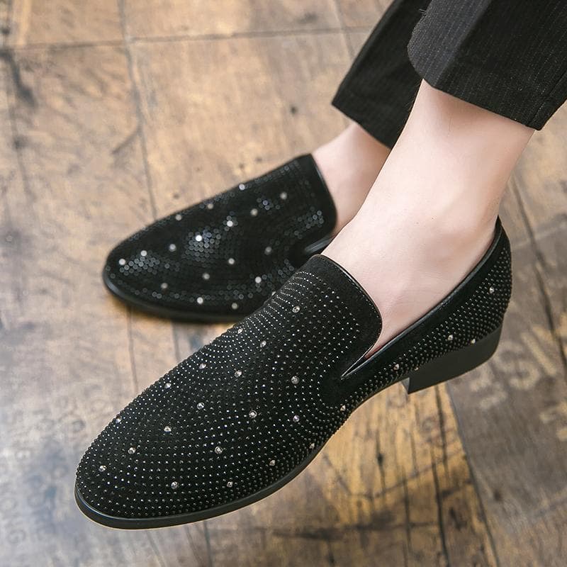 Fashion Brand Noble Black Rhinestone Men Dress Shoes Velvet Crystal Luxury Moccasins Men's Loafers Office Business Man Footwear Zapatos 8