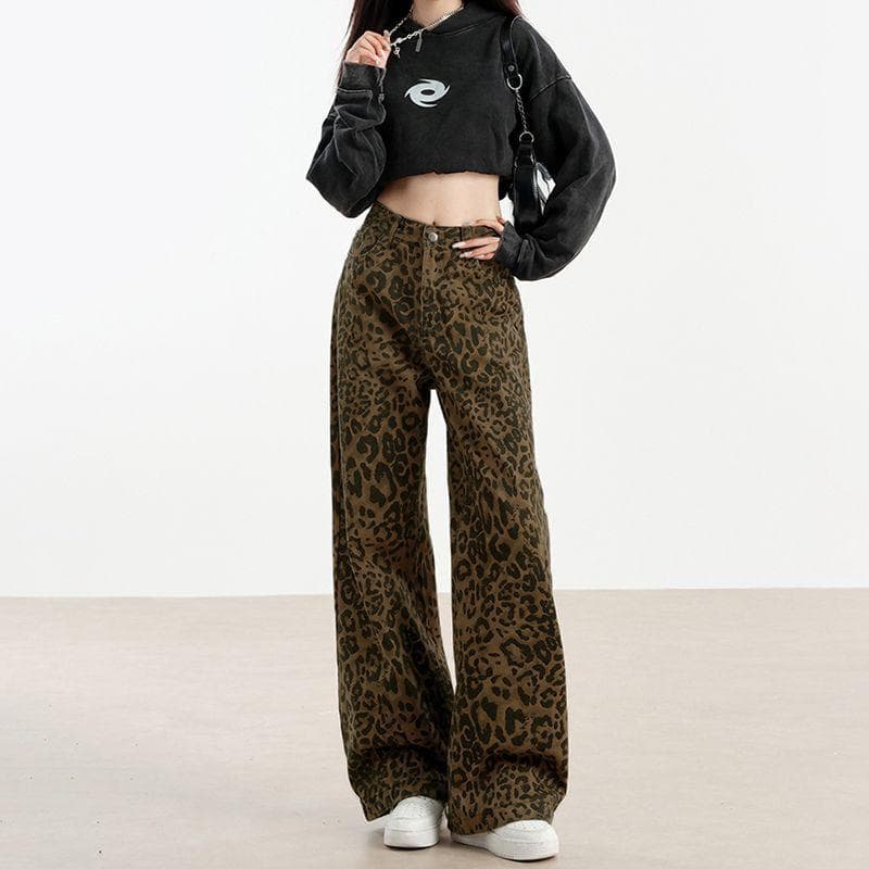 Retro Leopard Print Wide-leg Jeans for Women In Spring and Autumn High Street Loose Straight Pants Casual Floor Trousers XXL