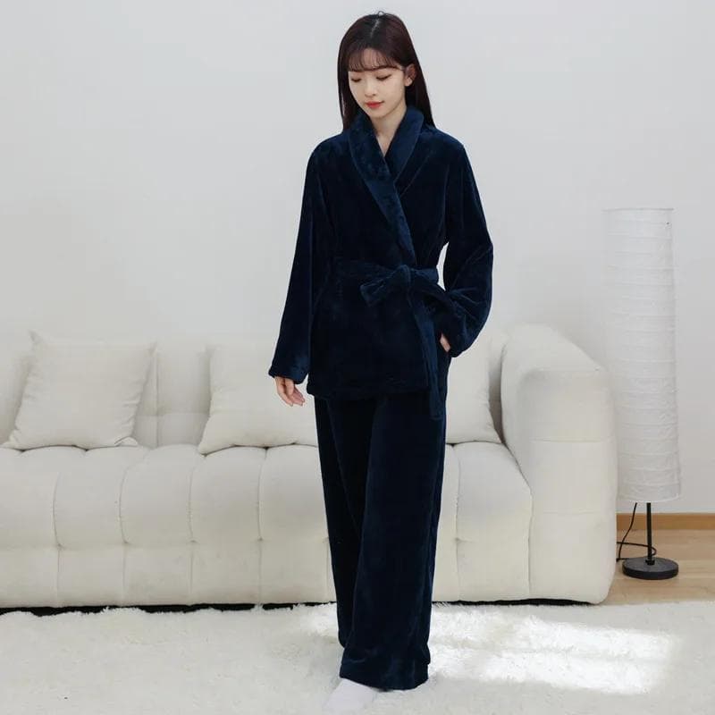 Women Warm Fleece Nightwear 2Pcs Home Clothes Pink Flannel Kimono Pajamas Set Casual Sleepwear Long Sleeve Pyjamas Femme XL blue