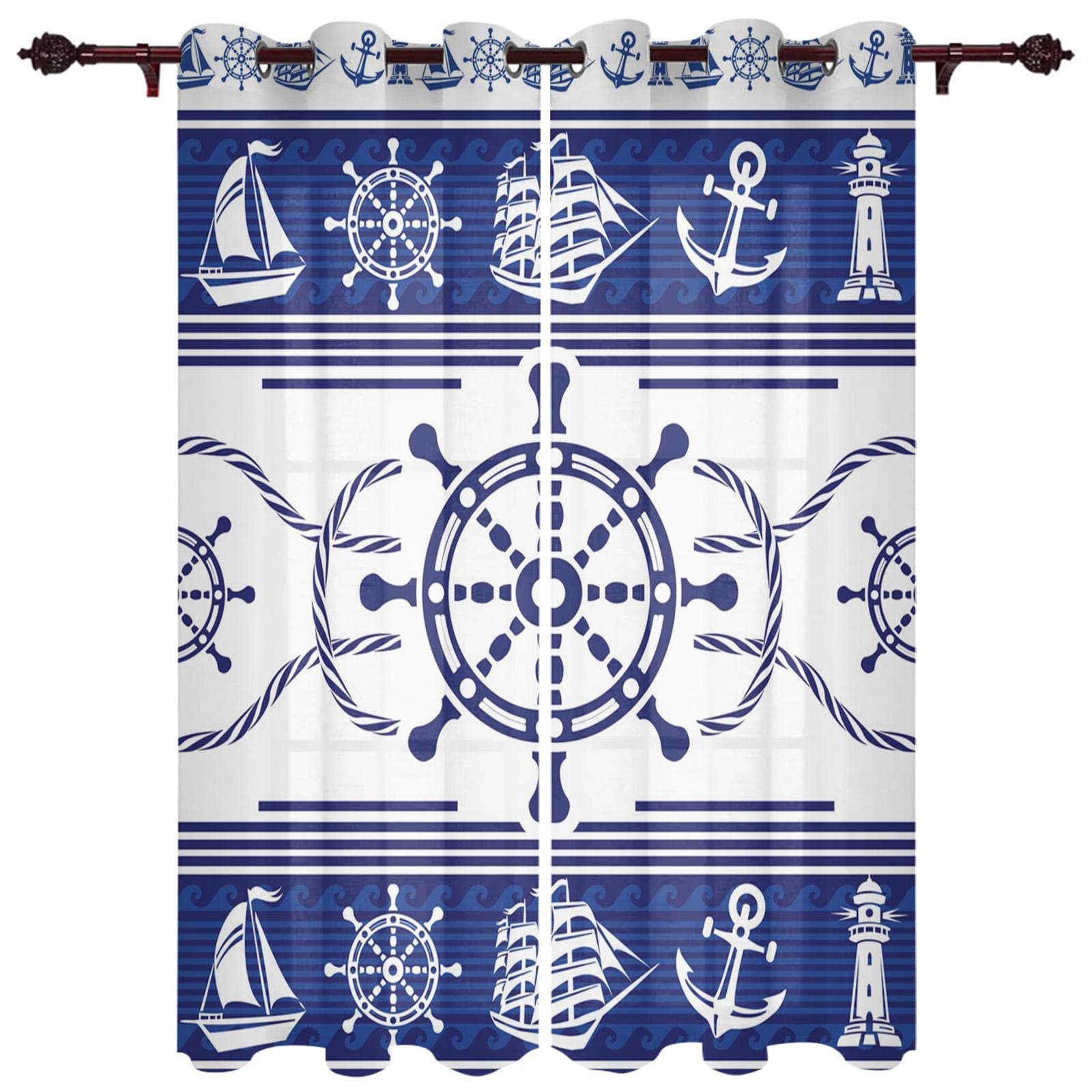 Anchor Starfish Stripes Window Curtains Bedroom Kitchen Drapes Panel Home Decor Curtains for Living Room 135W x 60H(cm)