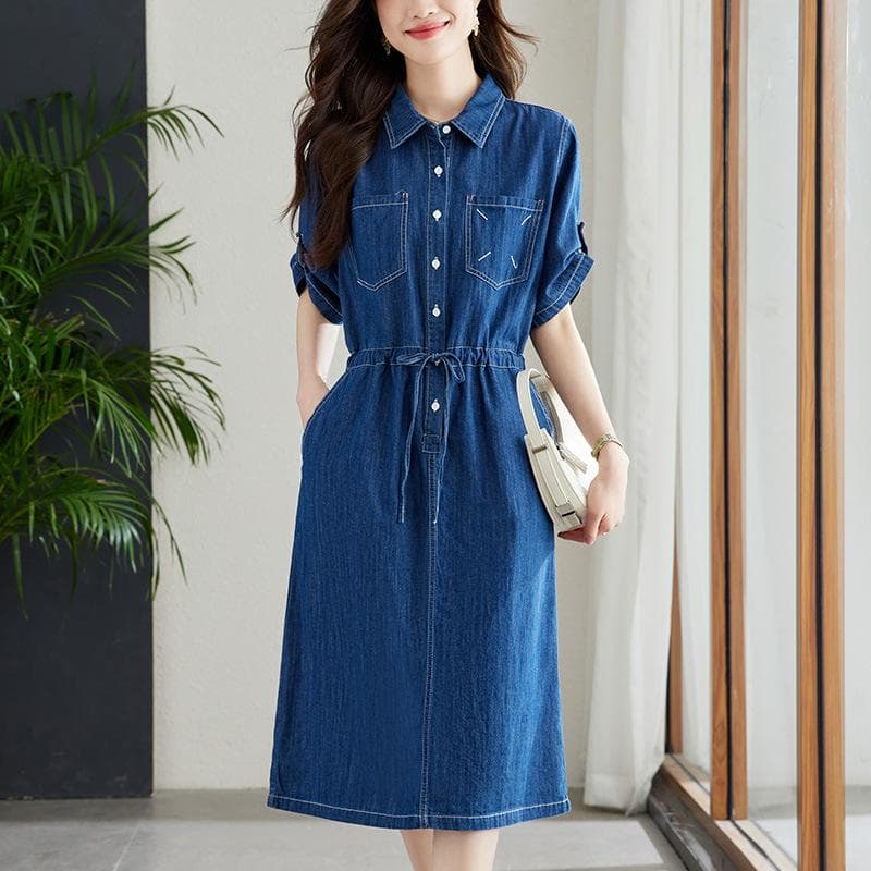 Denim Dress Women's Short-sleeved Summer New Temperament Commuter Design Sense Drawstring Waist Skirt XXL