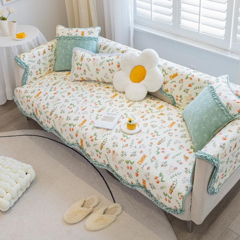 Cotton Printed L-shaped Sofa Cushion Wave Edge Anti Slip Settee Towel Universal All Year Round Lace Edge Sofa Cover Pillowcase 70x70cm 1pcs