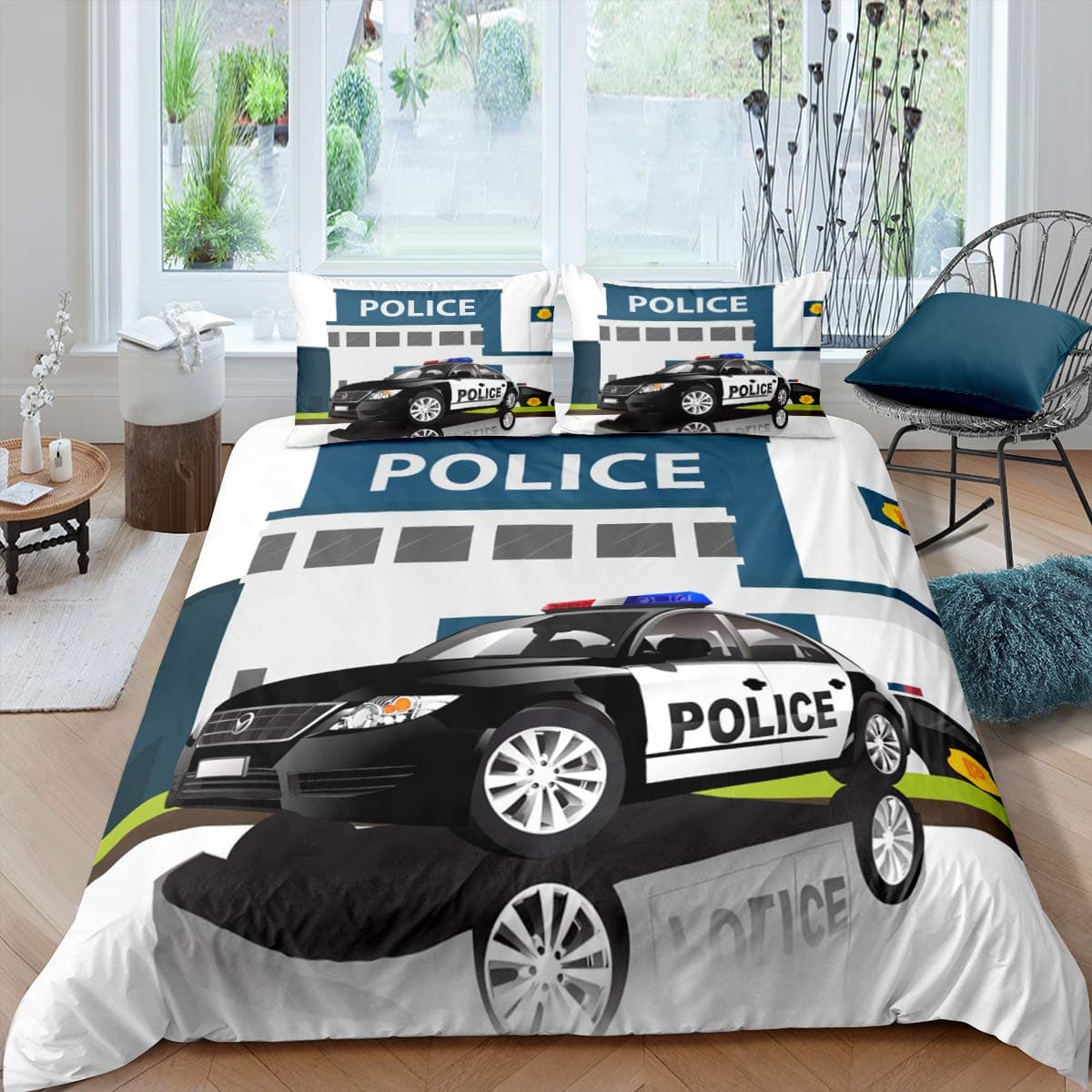 Policeman Car King Queen Duvet Cover Cartoon Black Police Car Bedding Set Boys Red Blue Cop Lights 2/3pcs Polyester Quilt Cover 135x200cm 2pcs