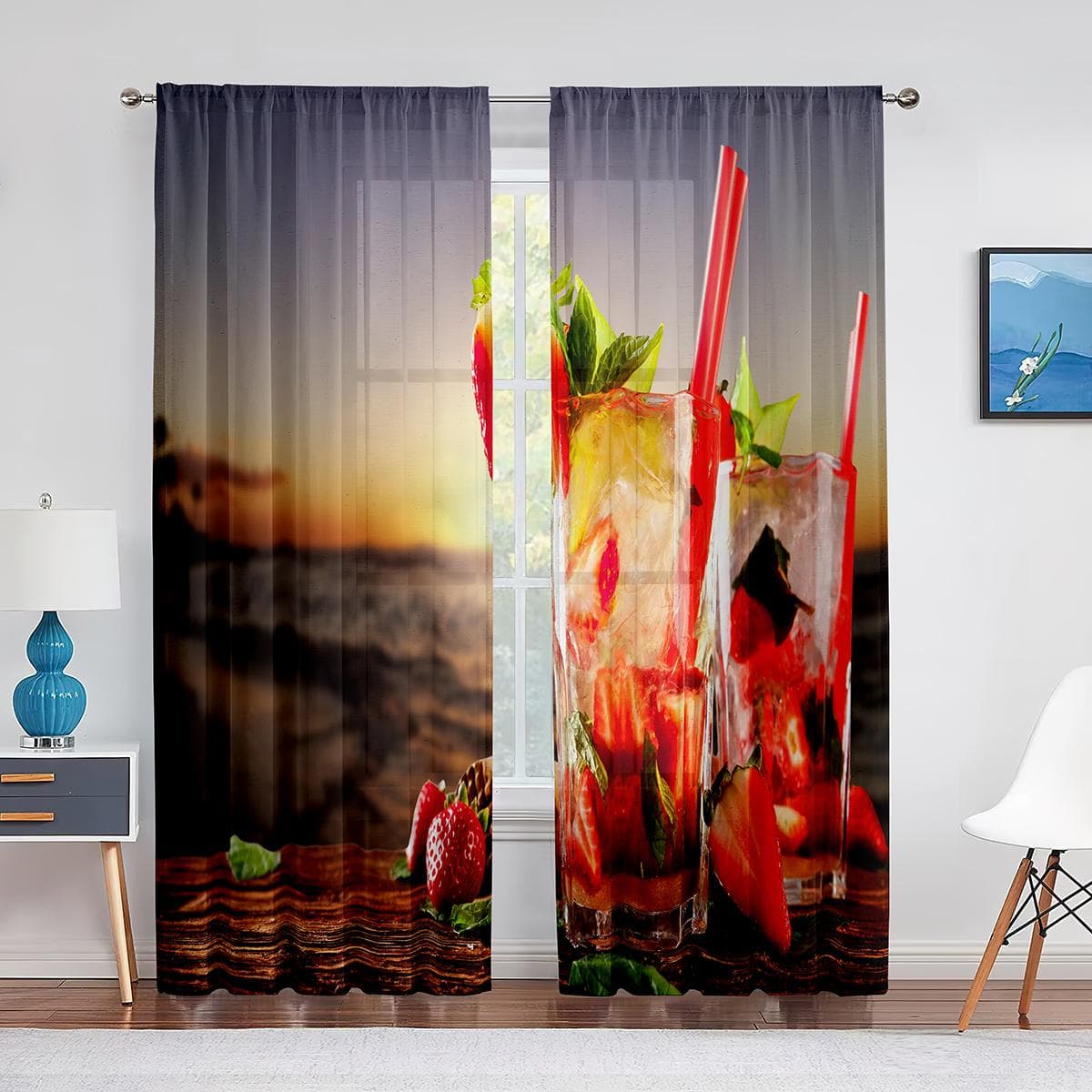 Tropical Cocktail Coconut Close Up Beach Sheer Curtain Living Room Printed Tulle Window Curtain Luxury Home Balcony Decor Drapes 1 PCS W100XH250cm&Grommet Top