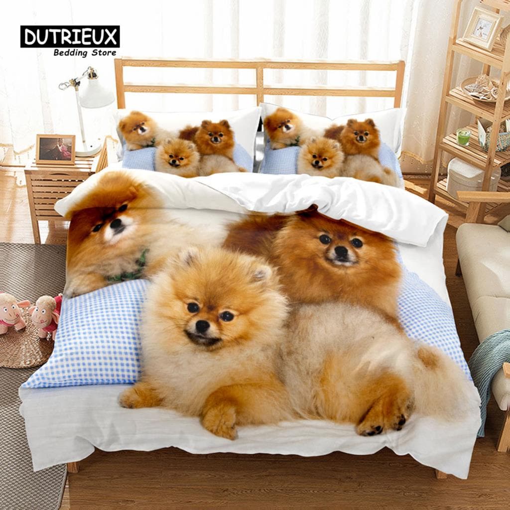 Puppy Lovers 3D Dog Duvet Cover Set, Fashion Bedding Set, Soft Comfortable Breathable Duvet Cover, For Bedroom Guest Room Decor 140x200cm 3pcs
